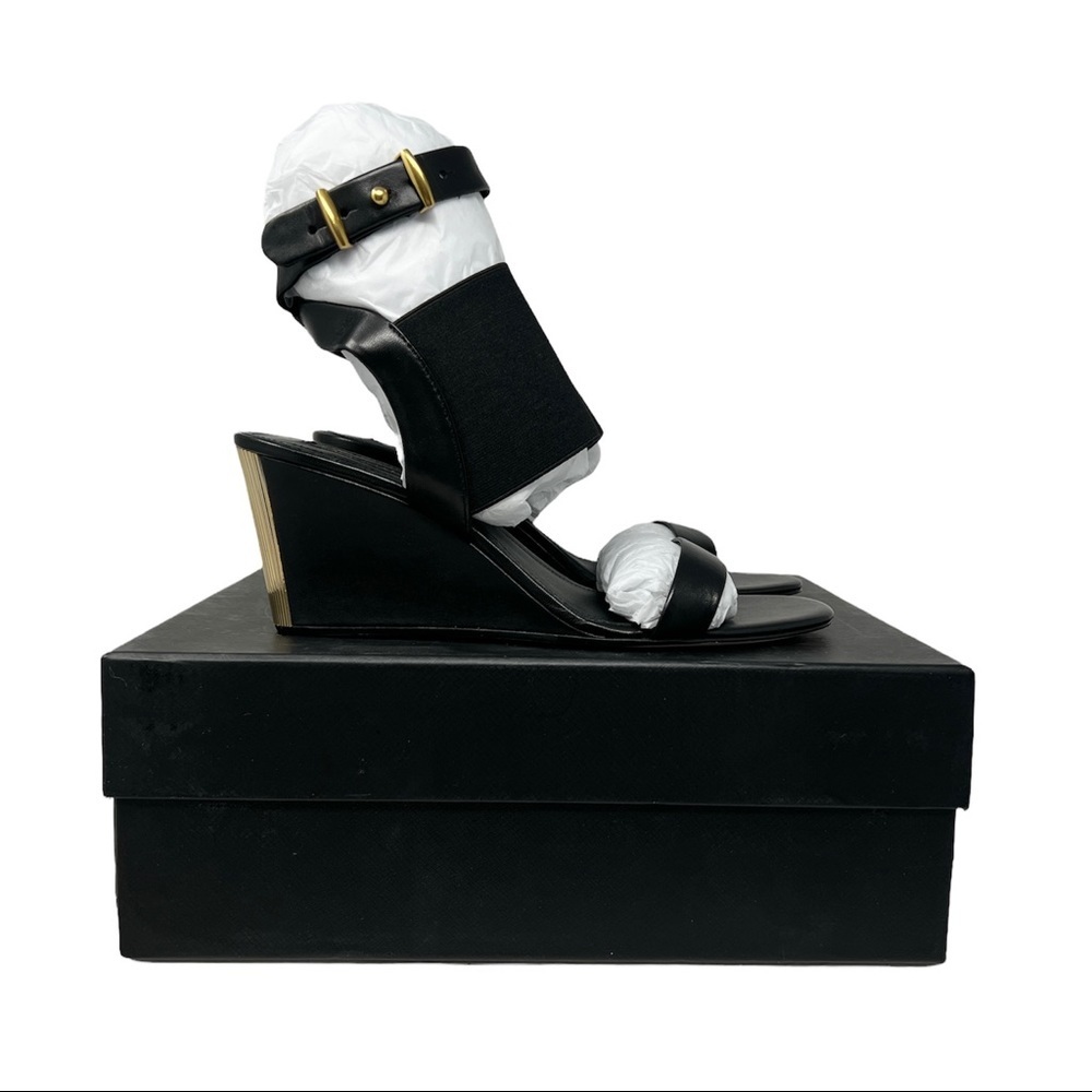 Donna Karan New York Black Leather Wedge Sandals NIB Gold Accent Size 8 - Picture 2 of 10